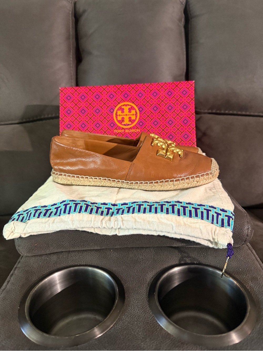 Tory Burch Brown Leather Espadrille Flats with Gold Logo size 8.5 - Picture 4 of 9